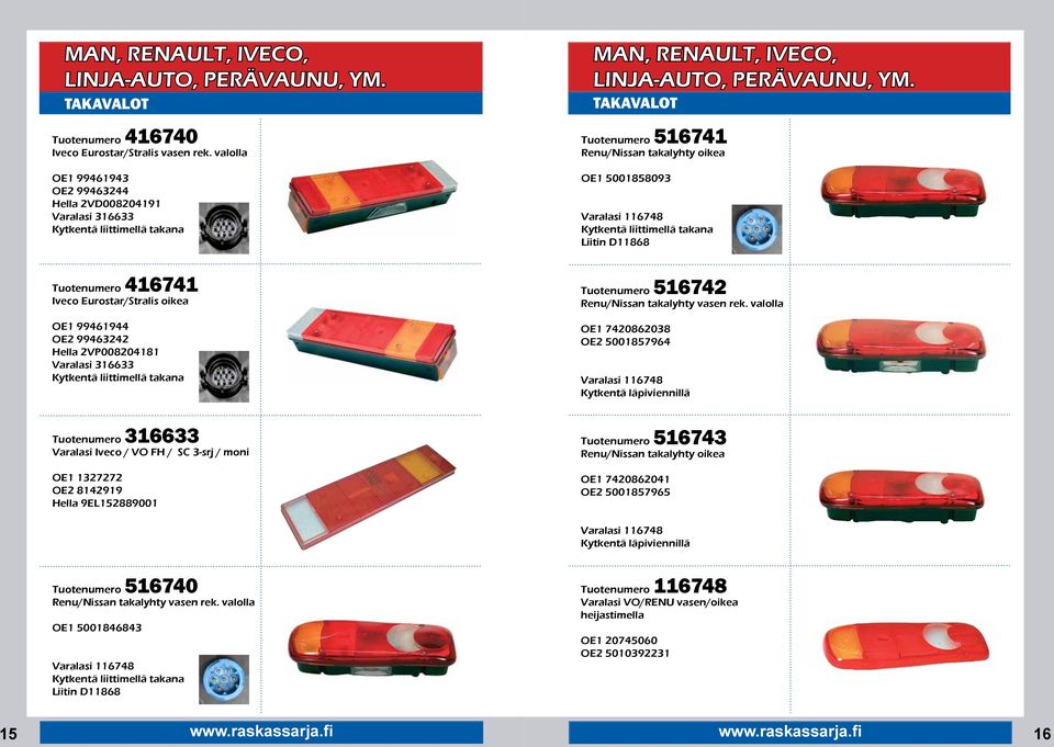 OE1 99461944 OE2 99463242 Hella 2VP008204181 Tuotenumero 516742 Renu/Nissan takalyhty vasen rek.