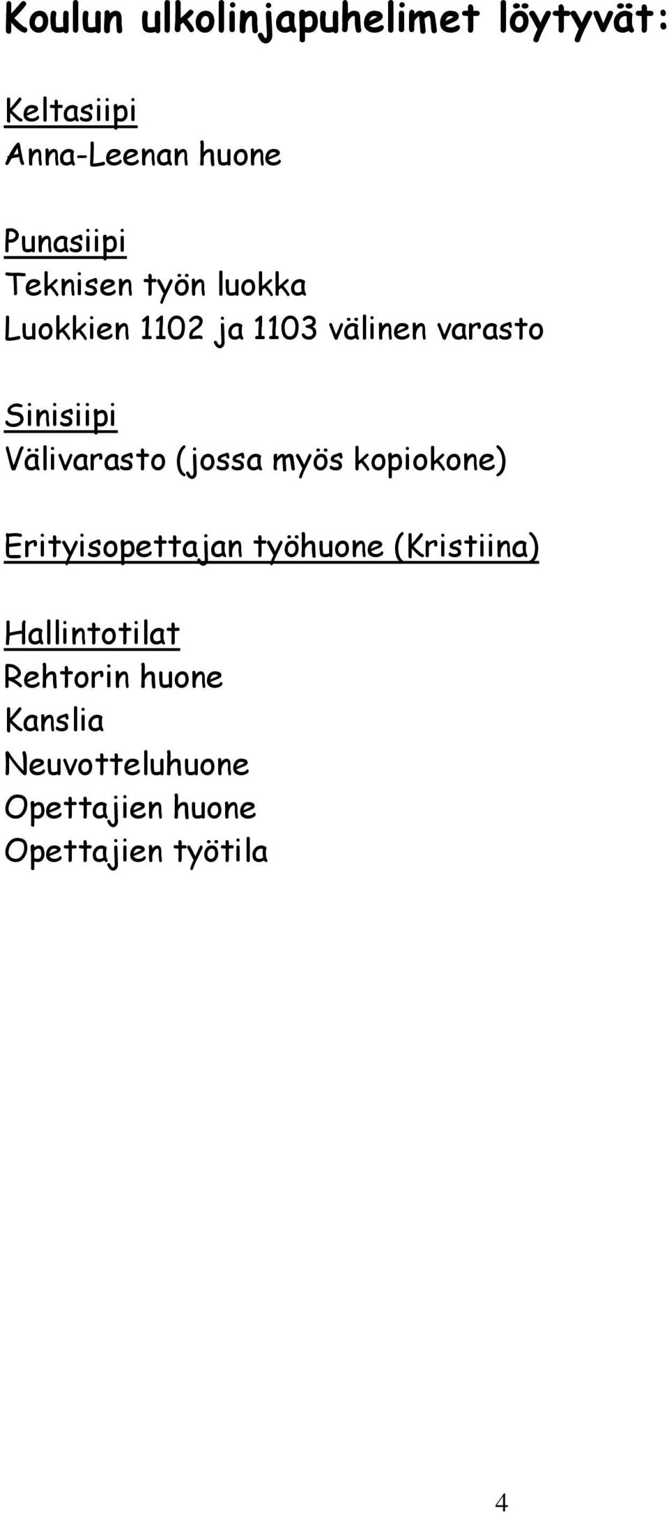 Välivarasto (jossa myös kopiokone) Erityisopettajan työhuone (Kristiina)