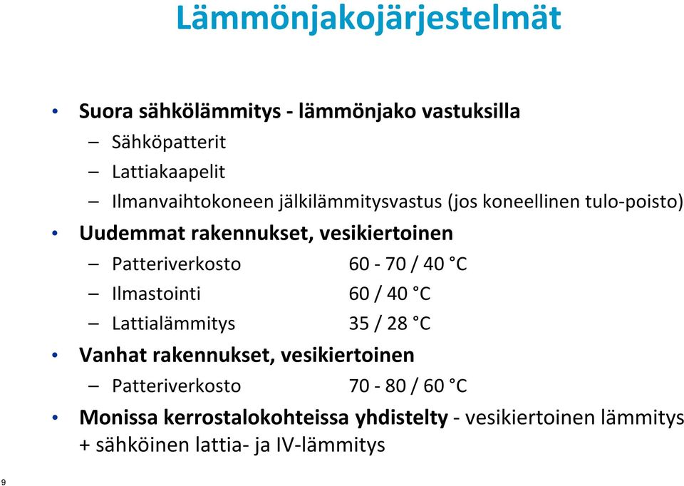 Patteriverkosto 60-70 / 40 C Ilmastointi 60 / 40 C Lattialämmitys 35 / 28 C Vanhat rakennukset, vesikiertoinen