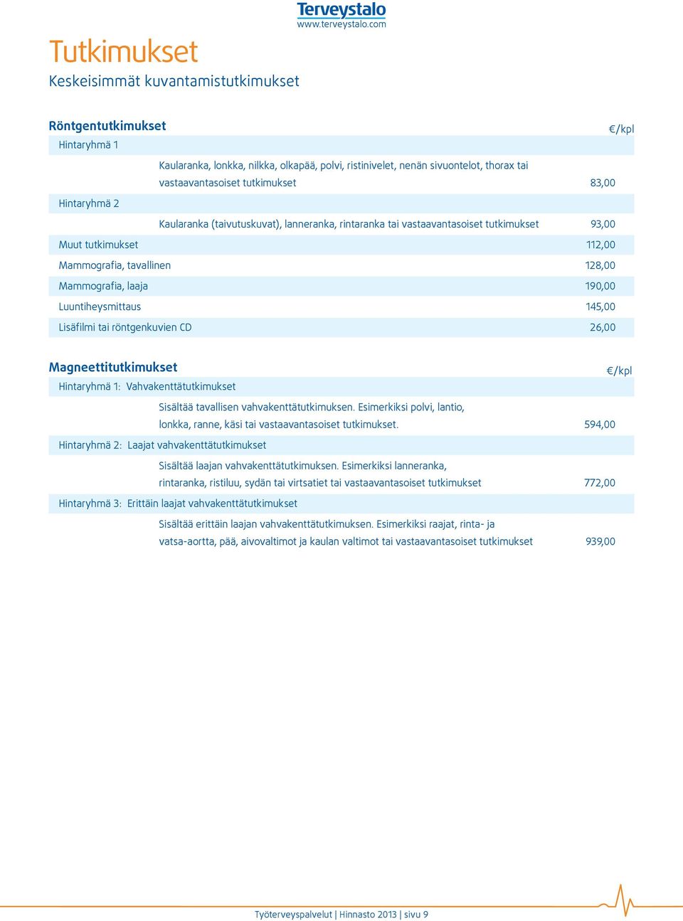 (taivutuskuvat), lanneranka, rintaranka tai vastaavantasoiset tutkimukset 93,00 Muut tutkimukset 112,00 Mammografia, tavallinen 128,00 Mammografia, laaja 190,00 Luuntiheysmittaus 145,00 Lisäfilmi tai