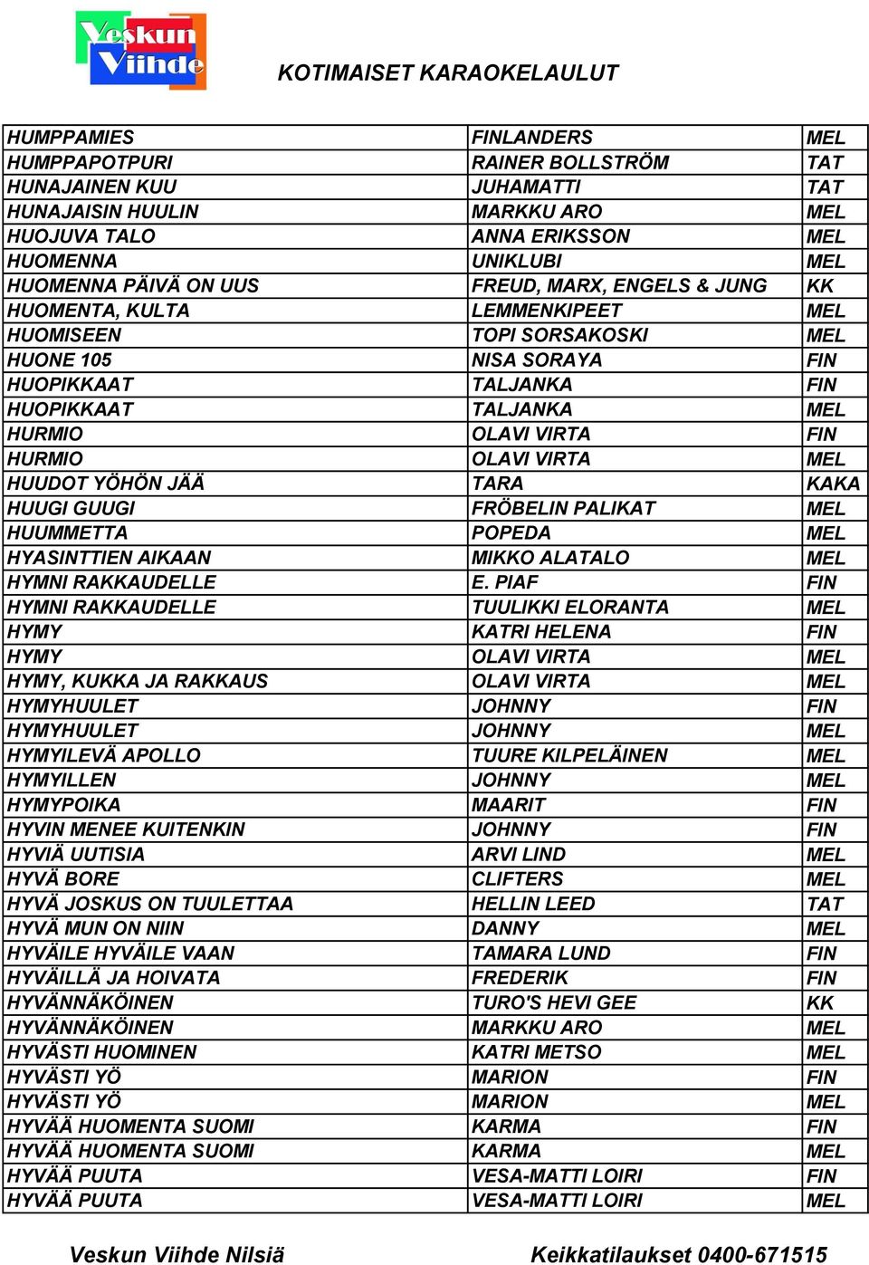 OLAVI VIRTA MEL HUUDOT YÖHÖN JÄÄ TARA KAKA HUUGI GUUGI FRÖBELIN PALIKAT MEL HUUMMETTA POPEDA MEL HYASINTTIEN AIKAAN MIKKO ALATALO MEL HYMNI RAKKAUDELLE E.