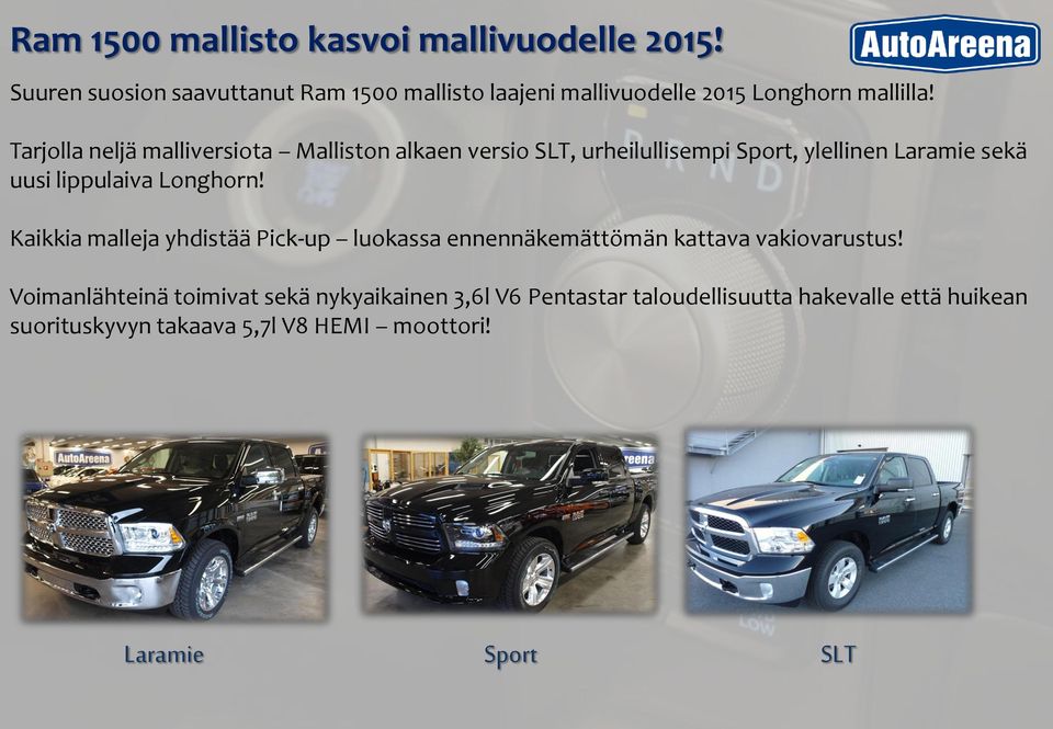 Tarjolla neljä malliversiota Malliston alkaen versio SLT, urheilullisempi Sport, ylellinen Laramie sekä uusi lippulaiva