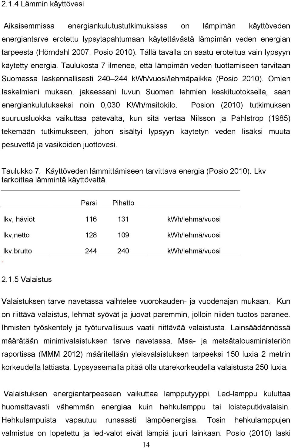 Taulukosta 7 ilmenee, että lämpimän veden tuottamiseen tarvitaan Suomessa laskennallisesti 240 244 kwh/vuosi/lehmäpaikka (Posio 2010).
