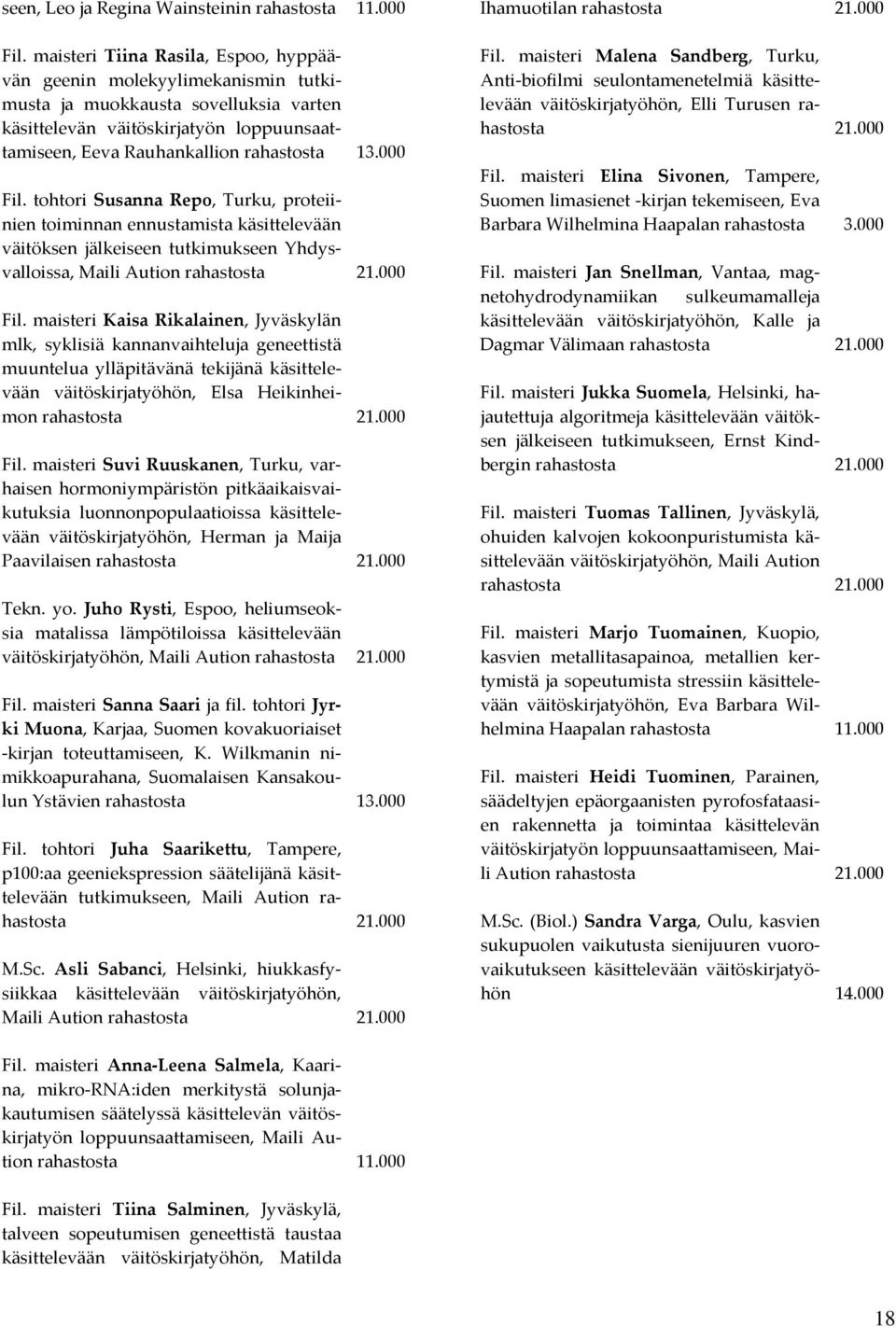 000 Fil. tohtori Susanna Repo, Turku, proteiinien toiminnan ennustamista käsittelevään väitöksen jälkeiseen tutkimukseen Yhdysvalloissa, Maili Aution Fil.