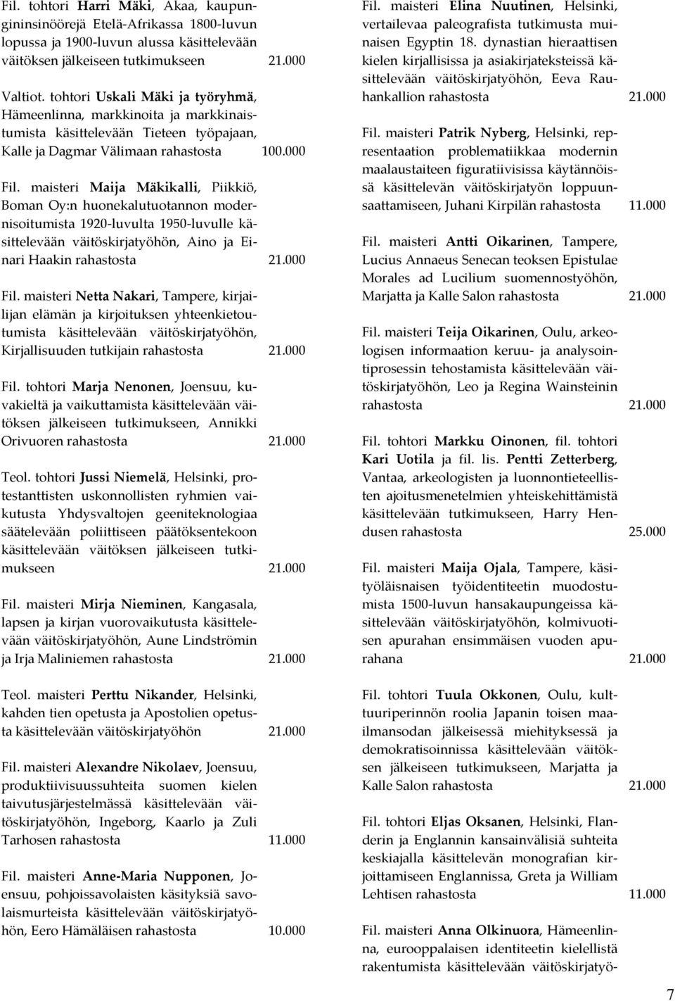 maisteri Maija Mäkikalli, Piikkiö, Boman Oy:n huonekalutuotannon modernisoitumista 1920-luvulta 1950-luvulle käsittelevään väitöskirjatyöhön, Aino ja Einari Haakin Fil.