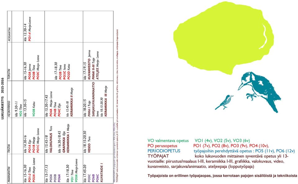 opetus yli 13- vuotiaille: piirustus/maalaus I-III, keramiikka I-III, grafiikka, valokuvaus, video, kuvanveisto,