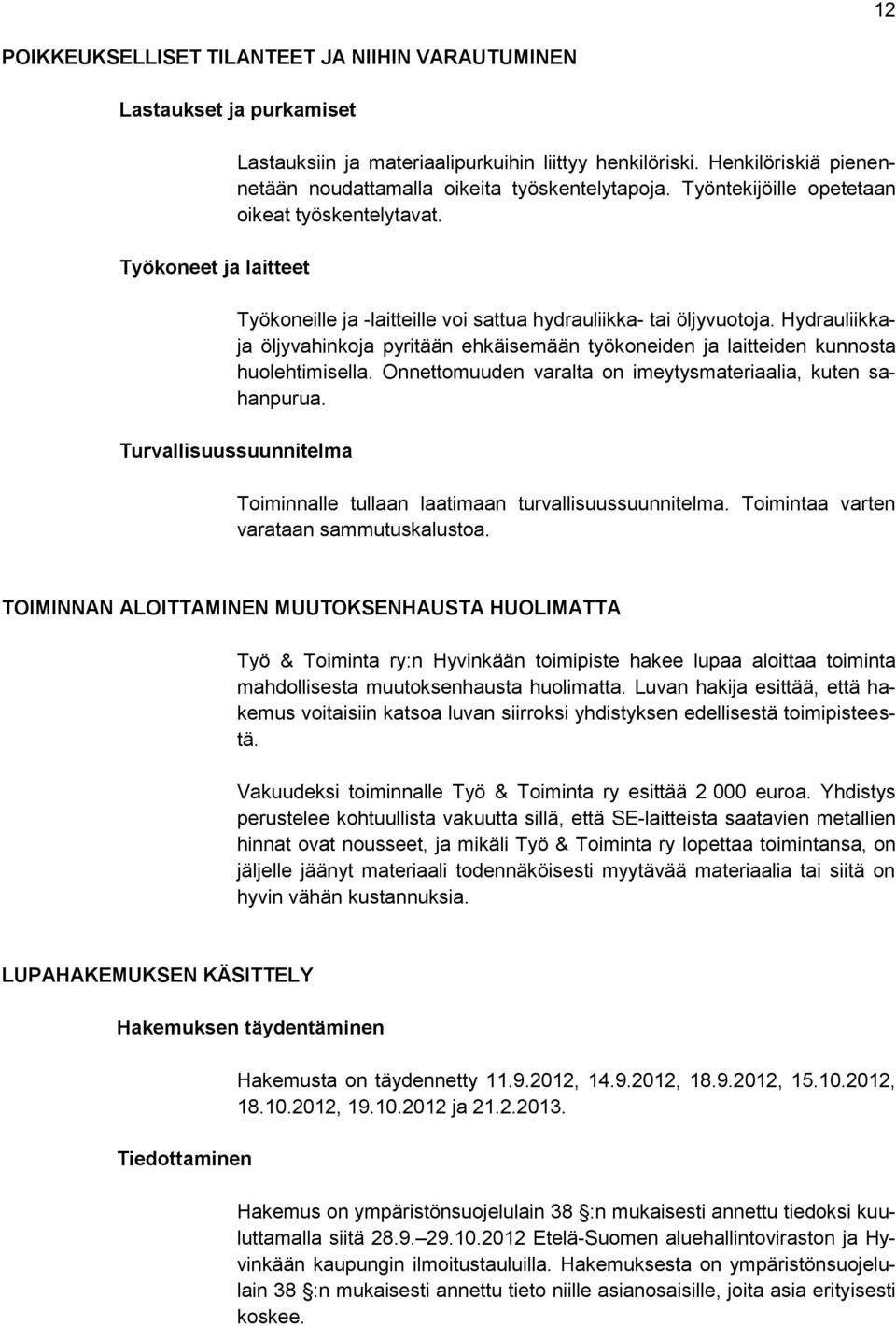 Hydrauliikkaja öljyvahinkoja pyritään ehkäisemään työkoneiden ja laitteiden kunnosta huolehtimisella. Onnettomuuden varalta on imeytysmateriaalia, kuten sahanpurua.