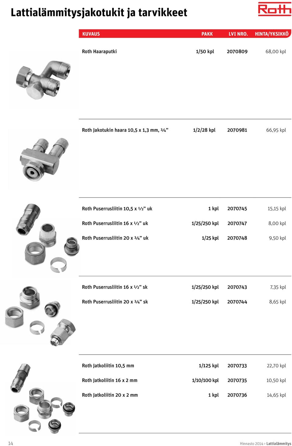 9,50 kpl Roth Puserrusliitin 16 x ½ sk 1/25/250 kpl 2070743 7,35 kpl Roth Puserrusliitin 20 x ¾ sk 1/25/250 kpl 2070744 8,65 kpl Roth Jatkoliitin 10,5 mm