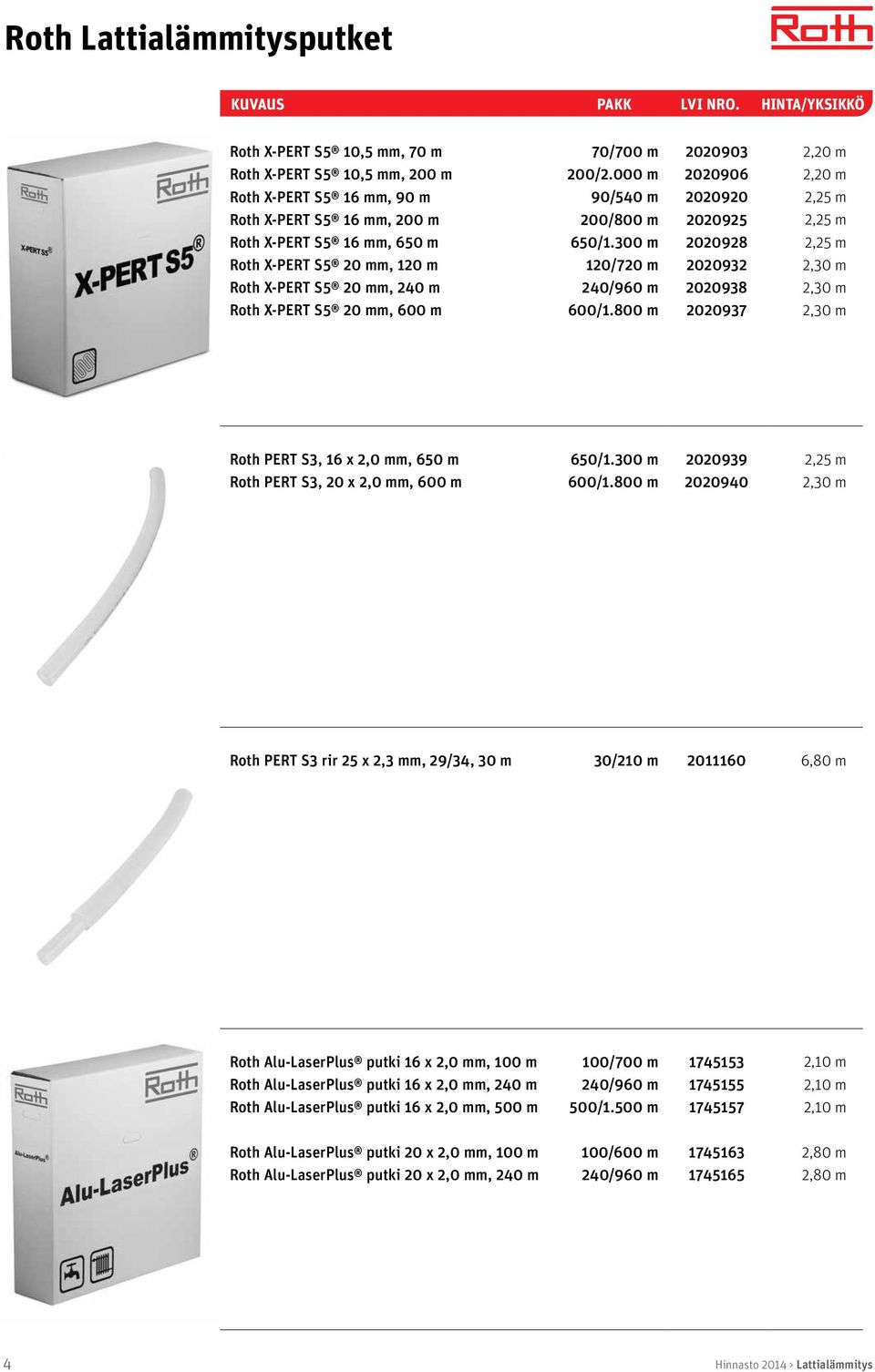 800 m 2020903 2020906 2020920 2020925 2020928 2020932 2020938 2020937 2,20 m 2,20 m 2,25 m 2,25 m 2,25 m 2,30 m 2,30 m 2,30 m Roth PERT S3, 16 x 2,0 mm, 650 m Roth PERT S3, 20 x 2,0 mm, 600 m 650/1.