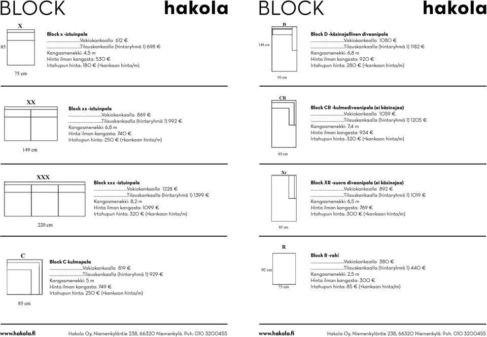 ..Tilauskankaalla (hintaryhmä 1) 1182 Kangasmenekki: 6,8 m Hinta ilman kangasta: 920 Irtohupun hinta: 280 (+kankaan hinta/m) Block xx -istuinpala...vakiokankaalla 869.
