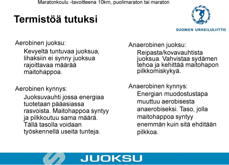 Tällä tasolla voidaan työskennellä useita tunteja. Anaerobinen juoksu: Reipasta/kovavauhtista juoksua.