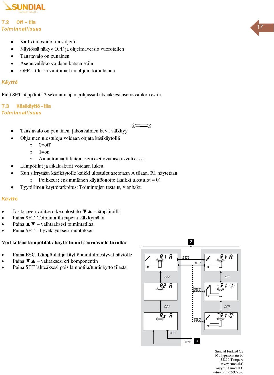 3 Käsikäyttö - tila Toiminnallisuus Taustavalo on punainen, jakoavaimen kuva välkkyy Ohjaimen ulostuloja voidaan ohjata käsikäytöllä o 0=off o 1=on o A= automaatti kuten asetukset ovat