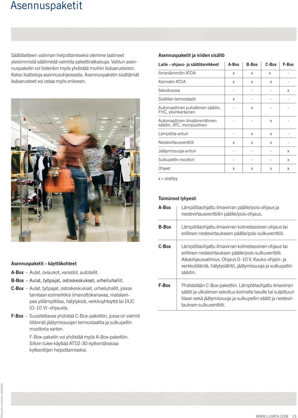 Asennuspaketit ja niiden sisältö Laite ohjaus ja säätötarvikkeet ABox BBox CBox FBox Ilmanlämmitin ATDA x x x Kannatin ATDA x x x Sekoitusosa x Sisätilan termostaatti x Automaattinen puhaltimen