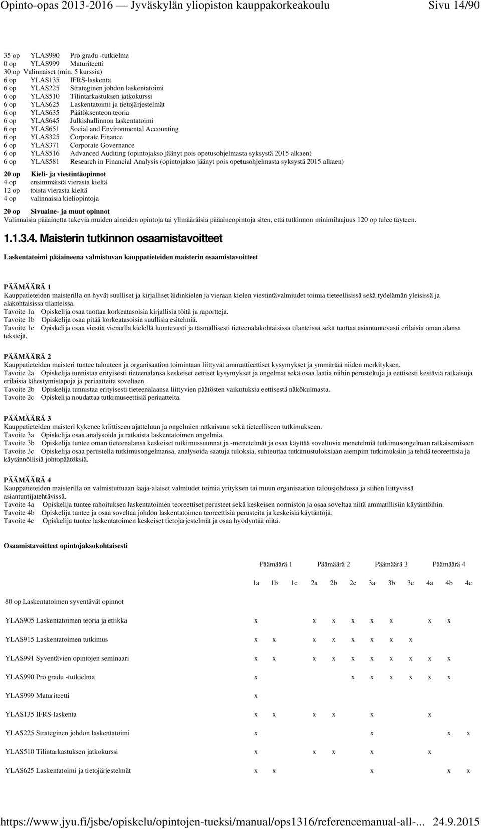 Päätöksenteon teoria 6 op YLAS645 Julkishallinnon laskentatoimi 6 op YLAS651 Social and Environmental Accounting 6 op YLAS325 Corporate Finance 6 op YLAS371 Corporate Governance 6 op YLAS516 Advanced