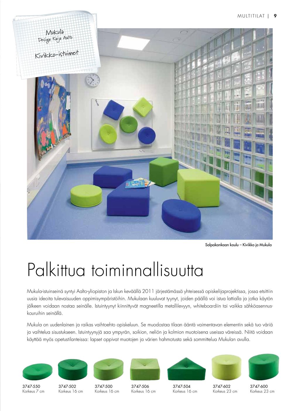 Mukulaan kuuluvat tyynyt, joiden päällä voi istua lattialla ja jotka käytön jälkeen voidaan nostaa seinälle.