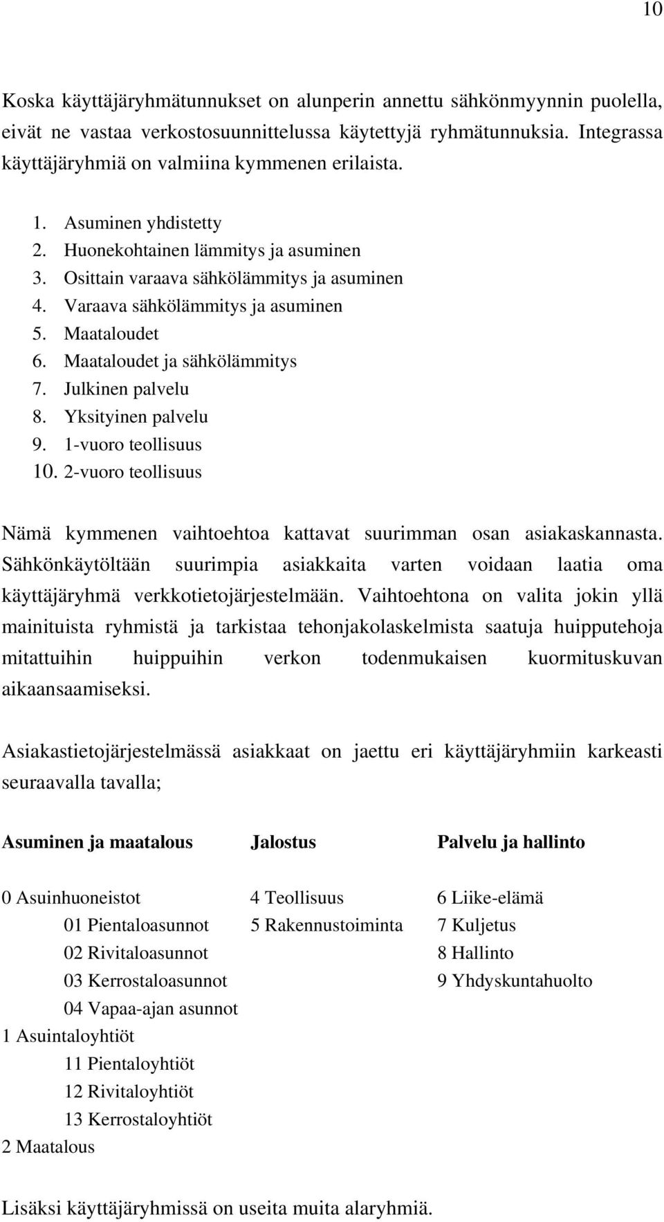 Julkinen palvelu 8. Yksityinen palvelu 9. 1-vuoro teollisuus 10. 2-vuoro teollisuus Nämä kymmenen vaihtoehtoa kattavat suurimman osan asiakaskannasta.