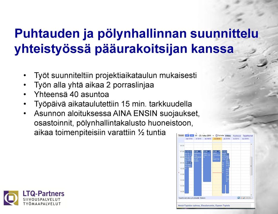 40 asuntoa Työpäivä aikataulutettiin 15 min.