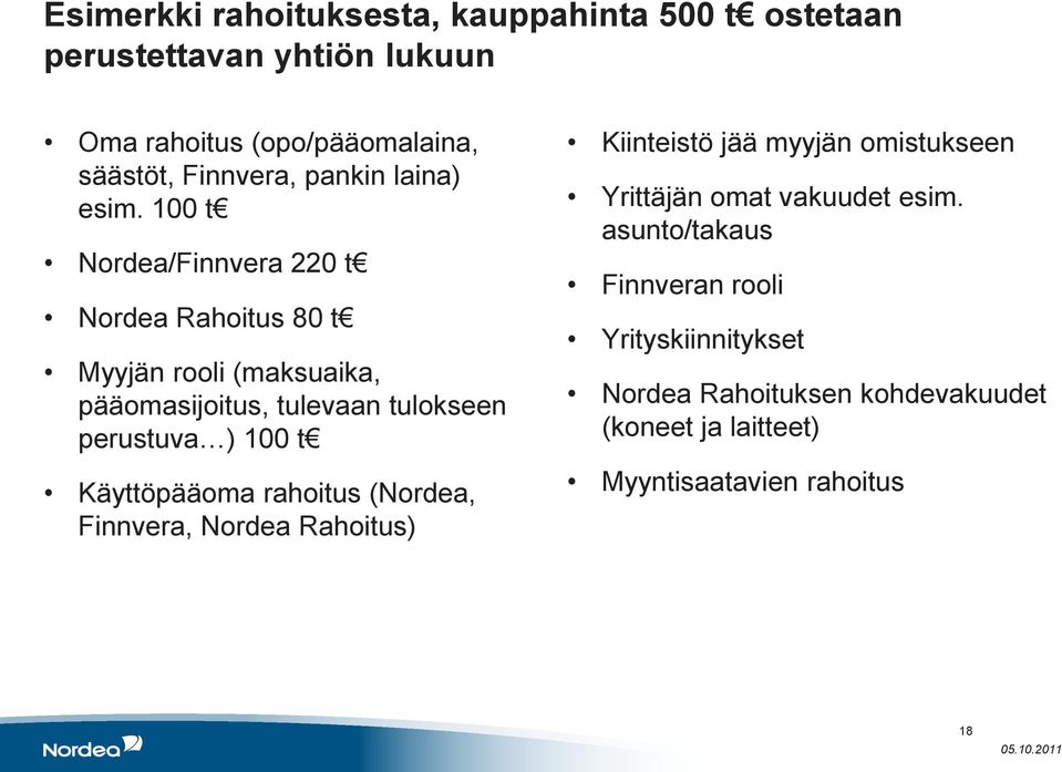 100 t Nordea/Finnvera 220 t Nordea Rahoitus 80 t Myyjän rooli (maksuaika, pääomasijoitus, tulevaan tulokseen perustuva ) 100 t