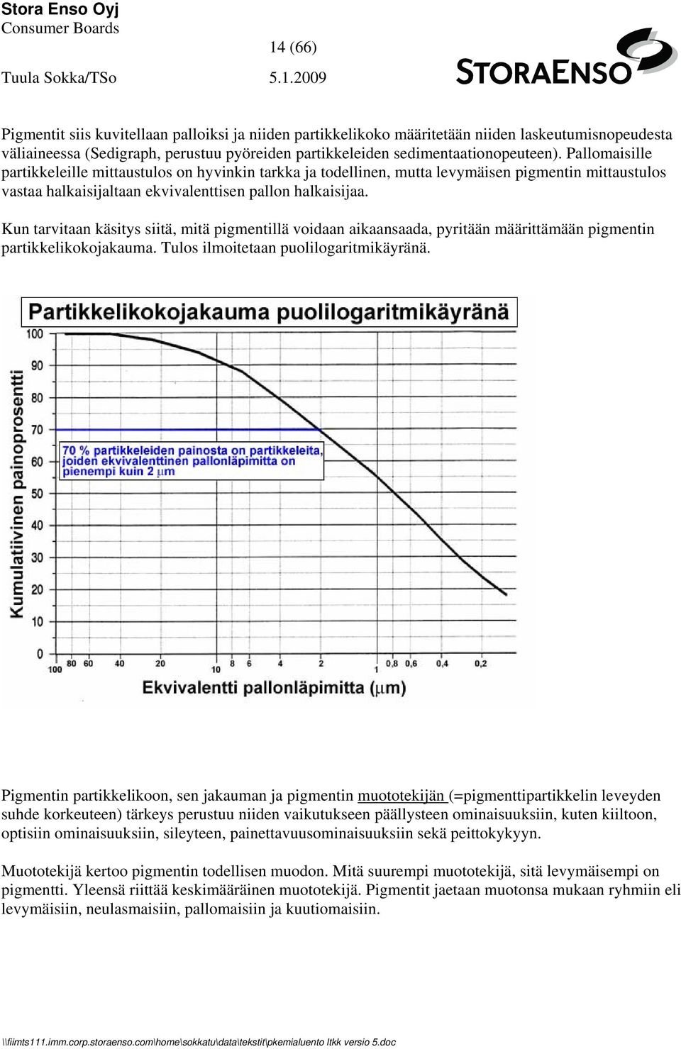 Kun tarvitaan käsitys siitä, mitä pigmentillä voidaan aikaansaada, pyritään määrittämään pigmentin partikkelikokojakauma. Tulos ilmoitetaan puolilogaritmikäyränä.