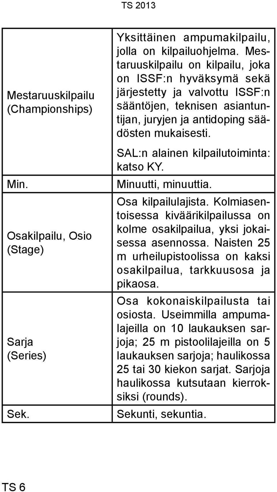 SAL:n alainen kilpailutoiminta: katso KY. Minuutti, minuuttia. Osa kilpailulajista. Kolmiasentoisessa kiväärikilpailussa on kolme osakilpailua, yksi jokaisessa asennossa.