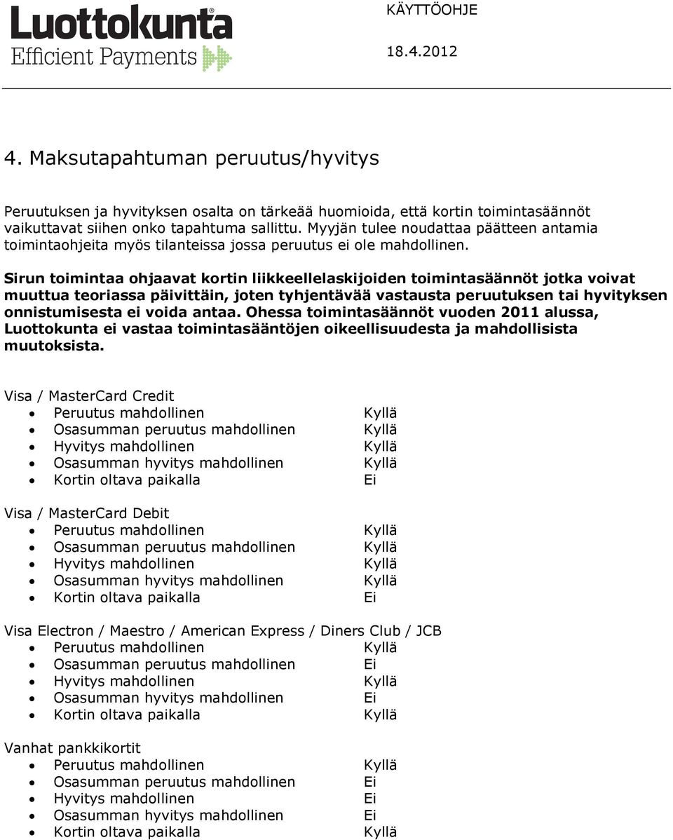 Sirun toimintaa ohjaavat kortin liikkeellelaskijoiden toimintasäännöt jotka voivat muuttua teoriassa päivittäin, joten tyhjentävää vastausta peruutuksen tai hyvityksen onnistumisesta ei voida antaa.