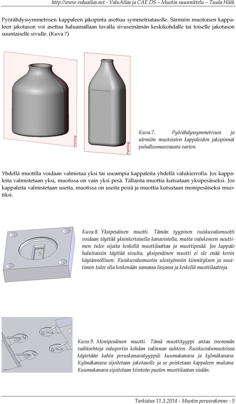 Pyörähdyssymmetrisen ja särmiön muotoisten kappaleiden jakopinnat puhallusmuovausta varten. Yhdellä muotilla voidaan valmistaa yksi tai useampia kappaleita yhdellä valukierrolla.