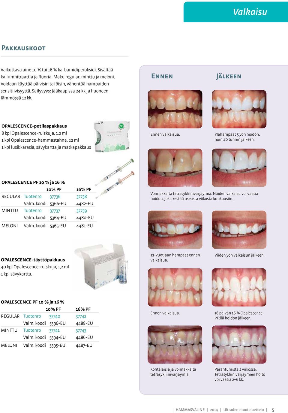 Ennen Jälkeen OPALESCENCE-potilaspakkaus 8 kpl Opalescence-ruiskuja, 1,2 ml 1 kpl Opalescence-hammastahna, 22 ml 1 kpl lusikkarasia, sävykartta ja matkapakkaus Ennen valkaisua.