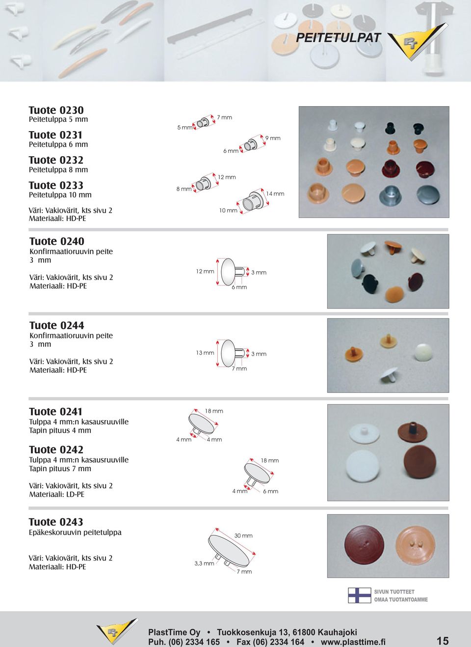 peite 3 mm 13 mm 3mm 7mm Tuote 0241 Tulppa 4 mm:n kasausruuville Tapin pituus 4 mm Tuote 0242 Tulppa 4 mm:n