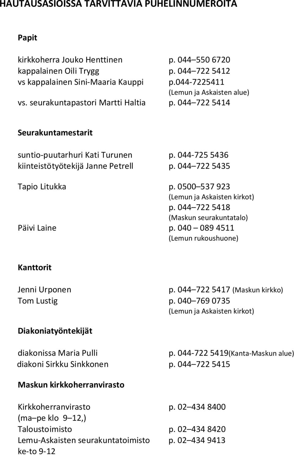 044 722 5435 Tapio Litukka p. 0500 537 923 (Lemun ja Askaisten kirkot) p. 044 722 5418 (Maskun seurakuntatalo) Päivi Laine p. 040 089 4511 (Lemun rukoushuone) Kanttorit Jenni Urponen p.