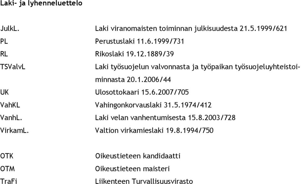 44 UK Ulosottokaari 15.6.2007/705 VahKL Vahingonkorvauslaki 31.5.1974/412 VanhL. Laki velan vanhentumisesta 15.8.