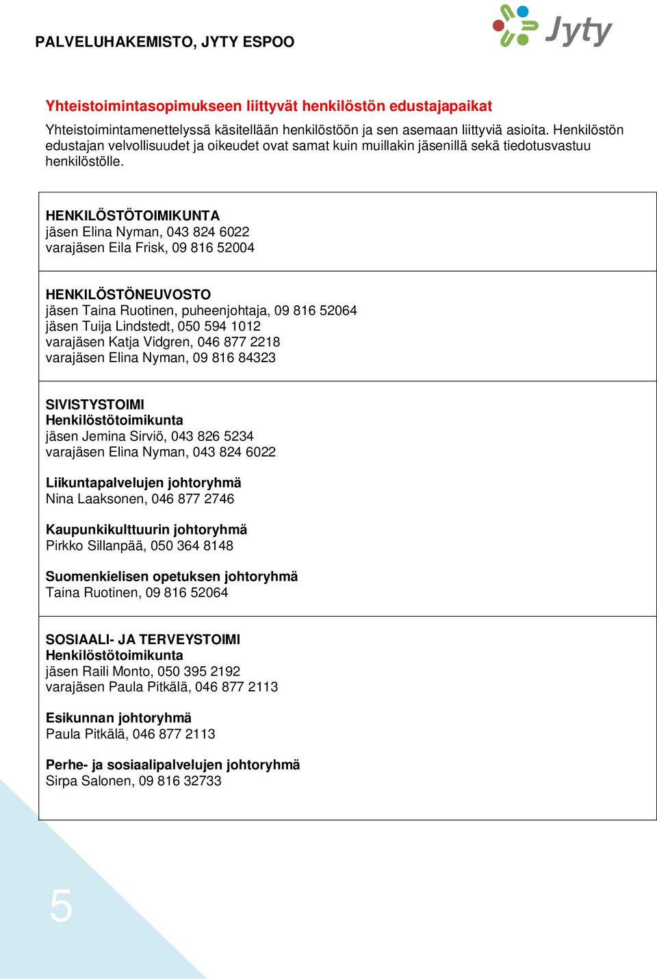 HENKILÖSTÖTOIMIKUNTA jäsen Elina Nyman, 043 824 6022 varajäsen Eila Frisk, 09 816 52004 HENKILÖSTÖNEUVOSTO jäsen Taina Ruotinen, puheenjohtaja, 09 816 52064 jäsen Tuija Lindstedt, 050 594 1012