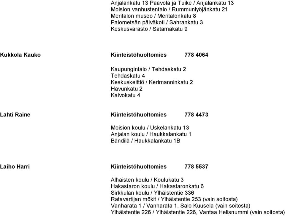 koulu / Uskelankatu 13 Anjalan koulu / Haukkalankatu 1 Bändilä / Haukkalankatu 1B Laiho Harri Kiinteistöhuoltomies 778 5537 Alhaisten koulu / Koulukatu 3 Hakastaron koulu / Hakastaronkatu 6