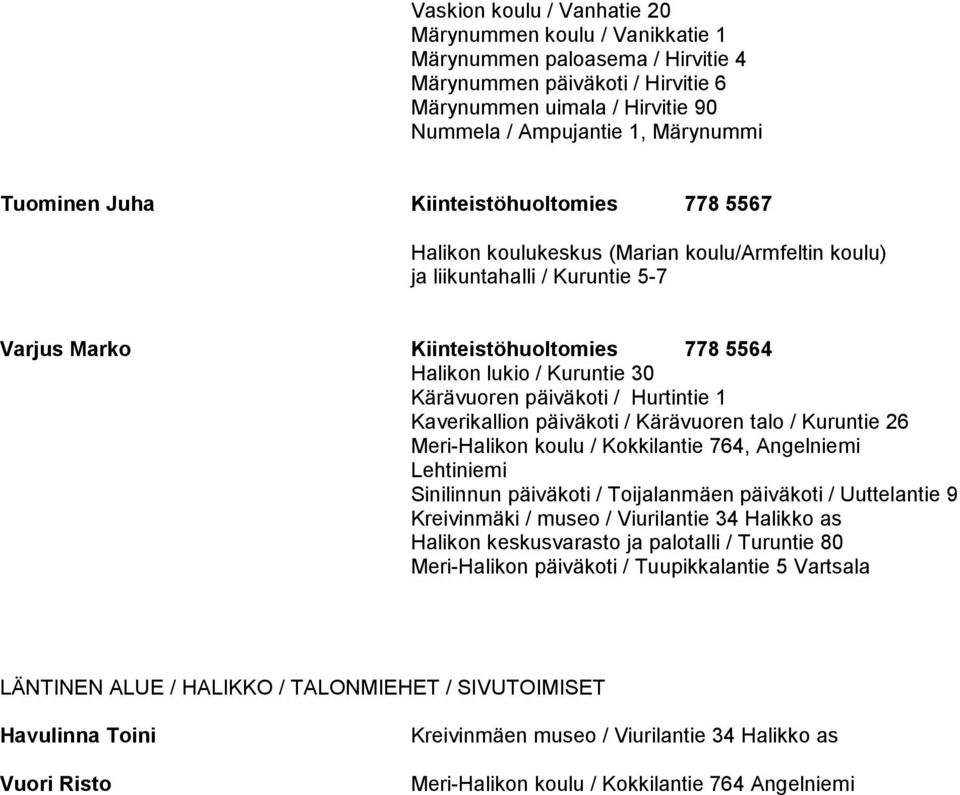 Kärävuoren päiväkoti / Hurtintie 1 Kaverikallion päiväkoti / Kärävuoren talo / Kuruntie 26 Meri-Halikon koulu / Kokkilantie 764, Angelniemi Lehtiniemi Sinilinnun päiväkoti / Toijalanmäen päiväkoti /