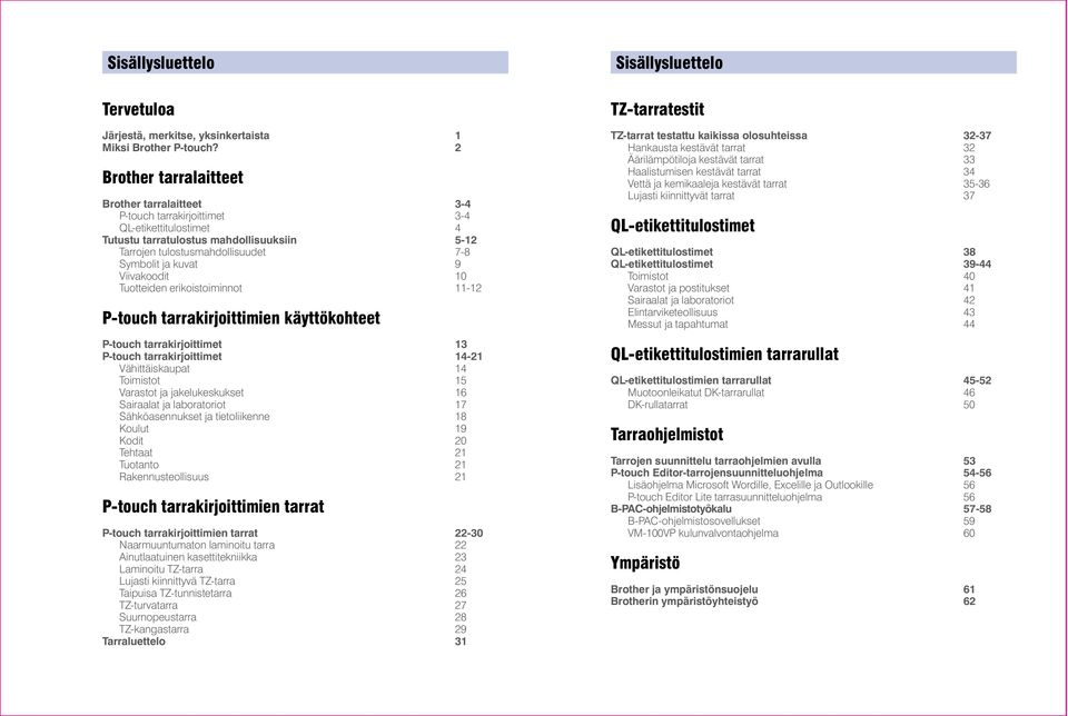 kuvat 9 Viivakoodit 10 Tuotteiden erikoistoiminnot 11-12 P-touch tarrakirjoittimien käyttökohteet P-touch tarrakirjoittimet 13 P-touch tarrakirjoittimet 14-21 Vähittäiskaupat 14 Toimistot 15 Varastot