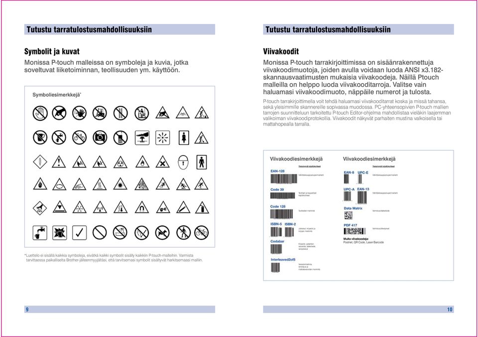 182- skannausvaatimusten mukaisia viivakoodeja. Näillä Ptouch malleilla on helppo luoda viivakooditarroja. Valitse vain haluamasi viivakoodimuoto, näppäile numerot ja tulosta.