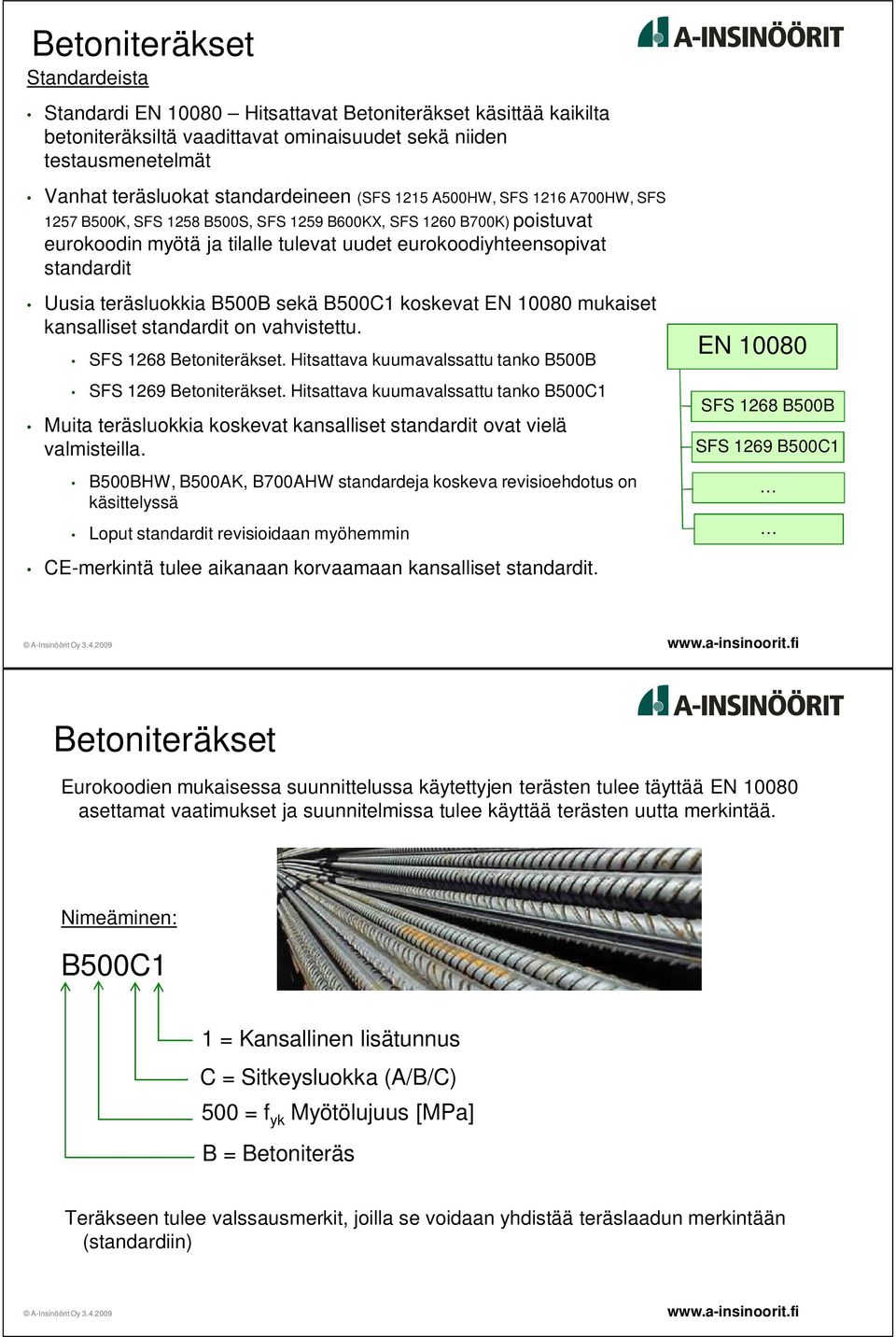 sekä B5C1 koskevat EN 18 mukaiset kansalliset standardit on vahvistettu. SFS 1268 Betoniteräkset. Hitsattava kuumavalssattu tanko B5B SFS 1269 Betoniteräkset.