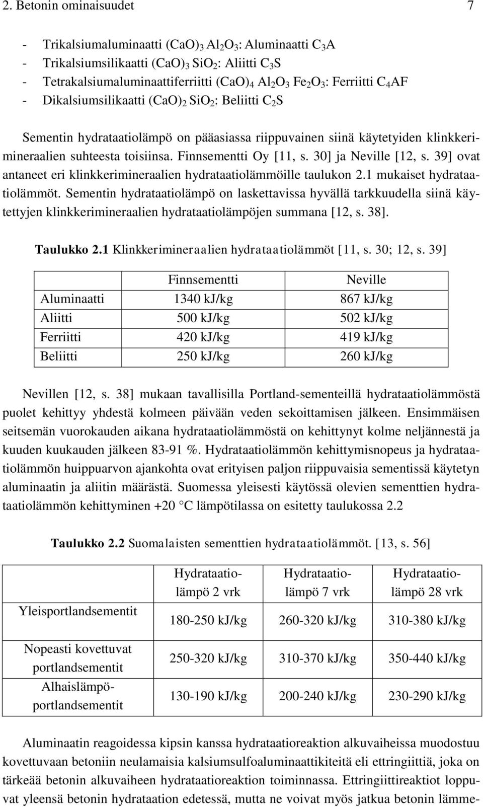 Finnsementti Oy [11, s. 30] ja Neville [12, s. 39] ovat antaneet eri klinkkerimineraalien hydrataatiolämmöille taulukon 2.1 mukaiset hydrataatiolämmöt.