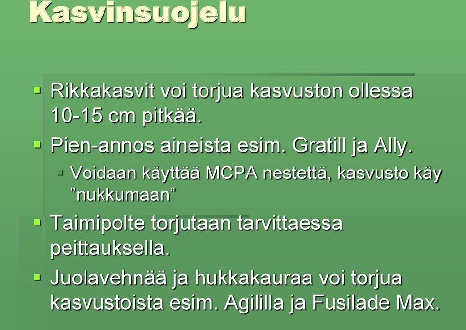 Voidaan käyttää MCPA nestettä, kasvusto käy nukkumaan Taimipolte torjutaan