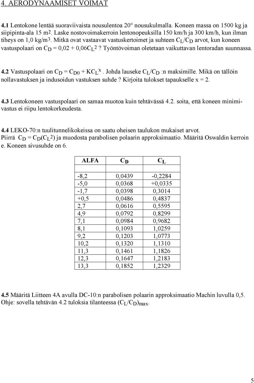 Mitkä ovat vastaavat vastuskertoimet ja suhteen C L /C D arvot, kun koneen vastuspolaari on C D = 0,02 + 0,06C L 2? Työntövoiman oletetaan vaikuttavan lentoradan suunnassa. 4.