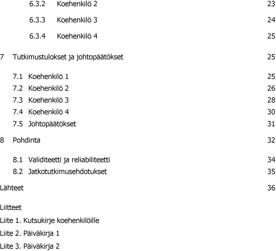 5 Johtopäätökset 31 8 Pohdinta 32 8.1 Validiteetti ja reliabiliteetti 34 8.