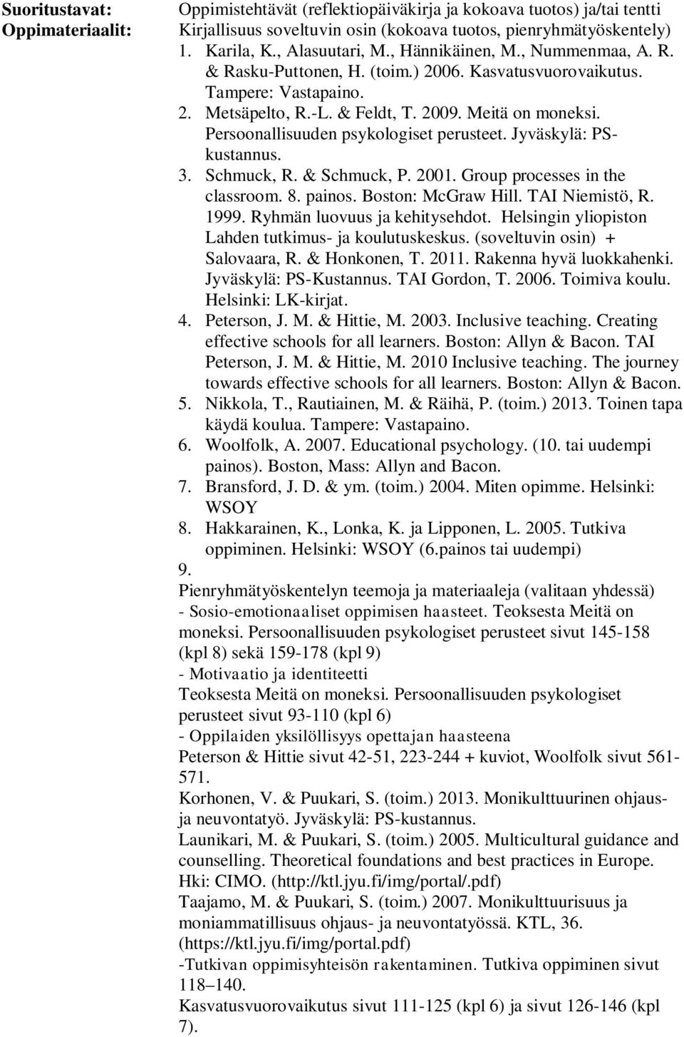 Jyväskylä: PSkustannus. 3. Schmuck, R. & Schmuck, P. 2001. Group processes in the classroom. 8. painos. Boston: McGraw Hill. TAI Niemistö, R. 1999. Ryhmän luovuus ja kehitysehdot.