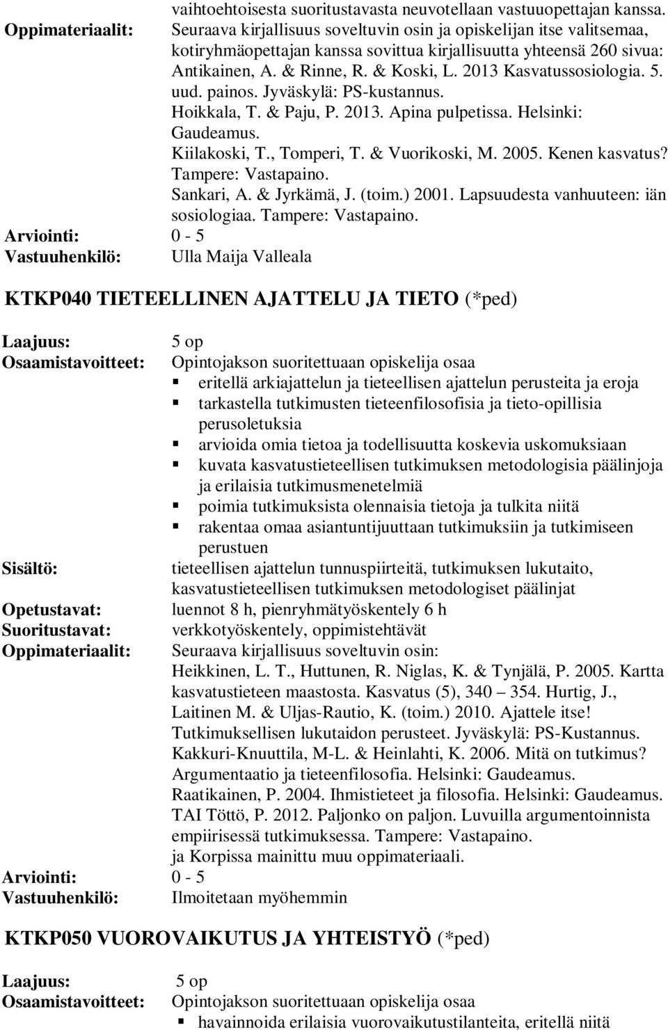 2013 Kasvatussosiologia. 5. uud. painos. Jyväskylä: PS-kustannus. Hoikkala, T. & Paju, P. 2013. Apina pulpetissa. Helsinki: Gaudeamus. Kiilakoski, T., Tomperi, T. & Vuorikoski, M. 2005.
