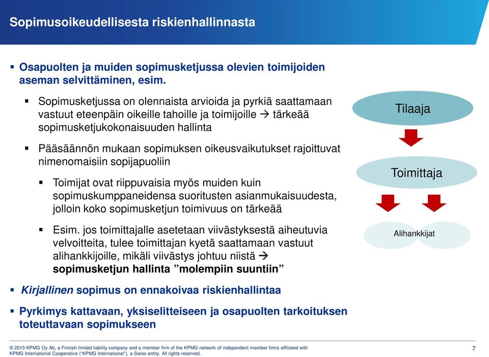 oikeusvaikutukset rajoittuvat nimenomaisiin sopijapuoliin Toimijat ovat riippuvaisia myös muiden kuin sopimuskumppaneidensa suoritusten asianmukaisuudesta, jolloin koko sopimusketjun toimivuus on