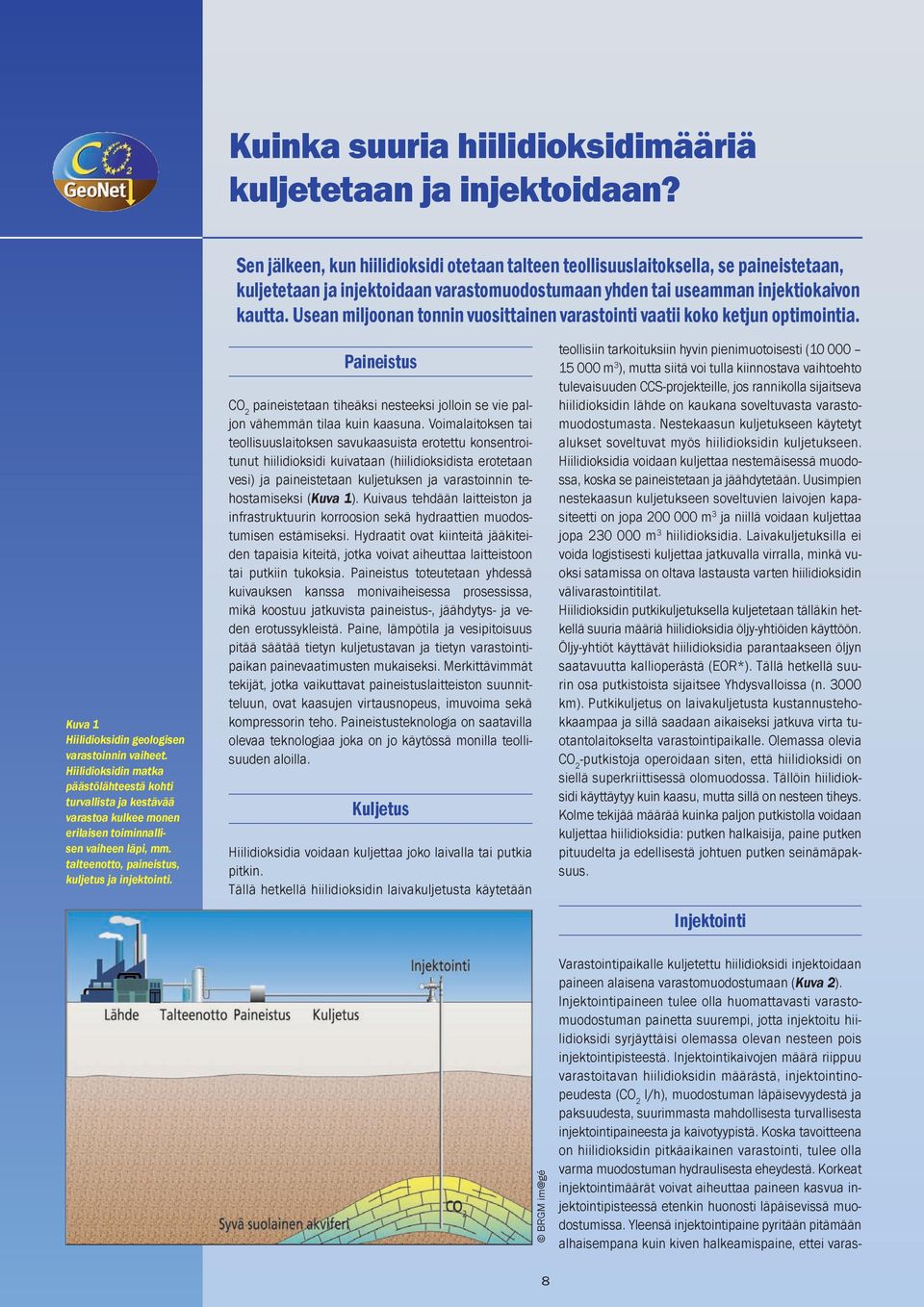 Usean miljoonan tonnin vuosittainen varastointi vaatii koko ketjun optimointia. Kuva 1 Hiilidioksidin geologisen varastoinnin vaiheet.
