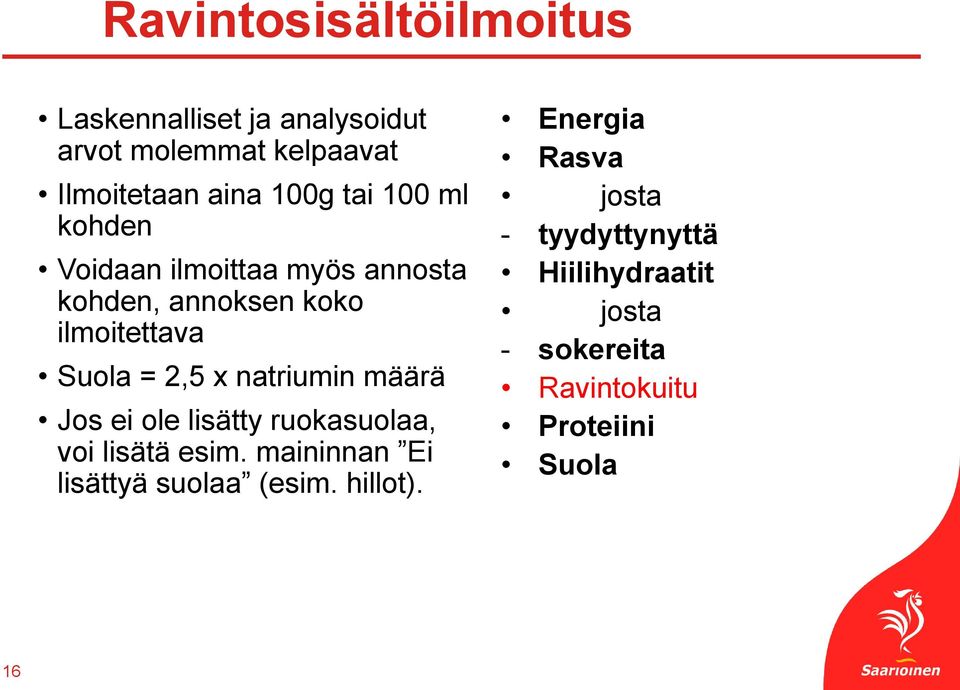 natriumin määrä Jos ei ole lisätty ruokasuolaa, voi lisätä esim. maininnan Ei lisättyä suolaa (esim.