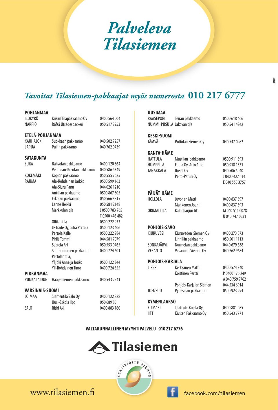 Ala-Rohdainen Jarkko 0500 599 163 ala-siuru Panu 044 026 1210 anttilan pakkaamo 0500 867 505 Eskolan pakkaamo 050 566 8815 Länne Heikki 050 581 2148 markkulan tila j 0500 783 765 T 0500 476 482