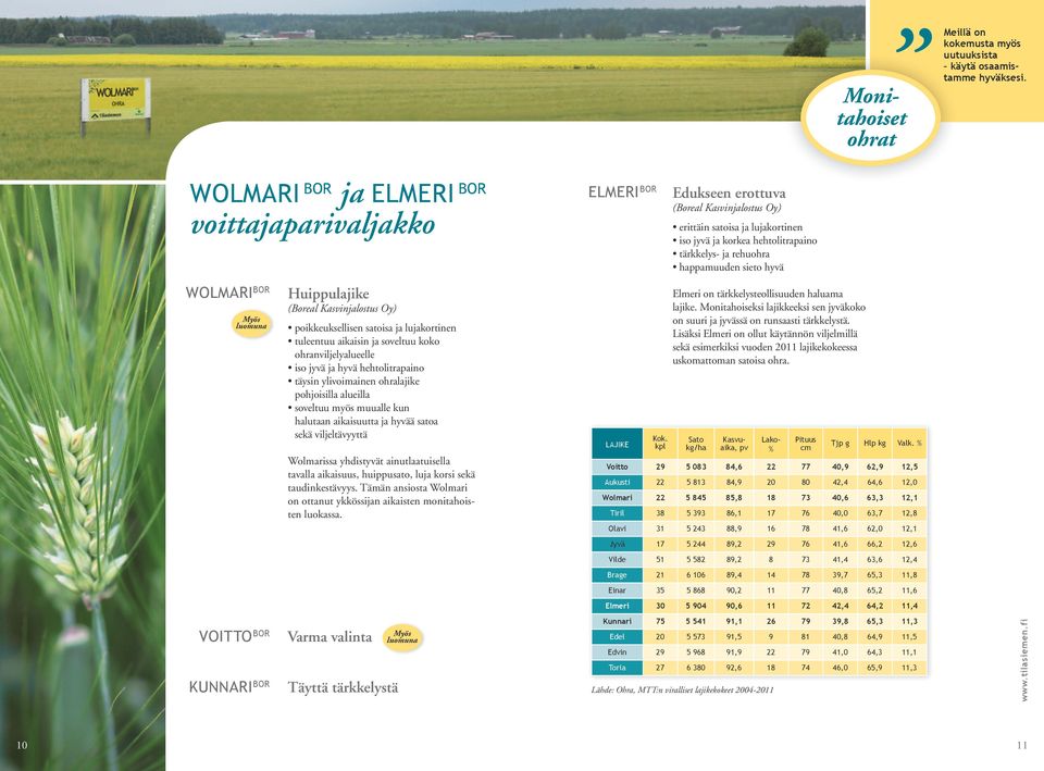 BOR Huippulajike poikkeuksellisen satoisa ja lujakortinen tuleentuu aikaisin ja soveltuu koko ohranviljelyalueelle iso jyvä ja hyvä hehtolitrapaino täysin ylivoimainen ohralajike pohjoisilla alueilla