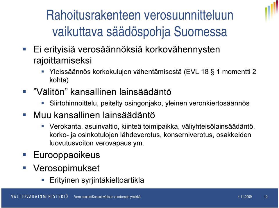 kansallinen lainsäädäntö Verokanta, asuinvaltio, kiinteä toimipaikka, väliyhteisölainsäädäntö, korko- ja osinkotulojen lähdeverotus, konserniverotus,