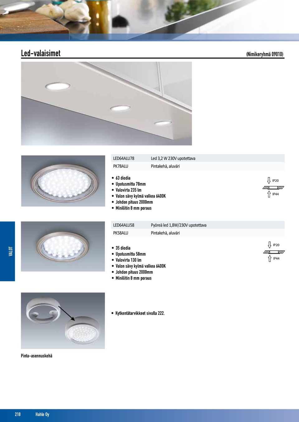 Pyöreä led 1,8W/230V upotettava 33,10 /kpl PK58ALU Pintakehä, aluväri 2,30 /kpl 35 diodia Upotusmitta 58mm Valovirta 130 lm Valon