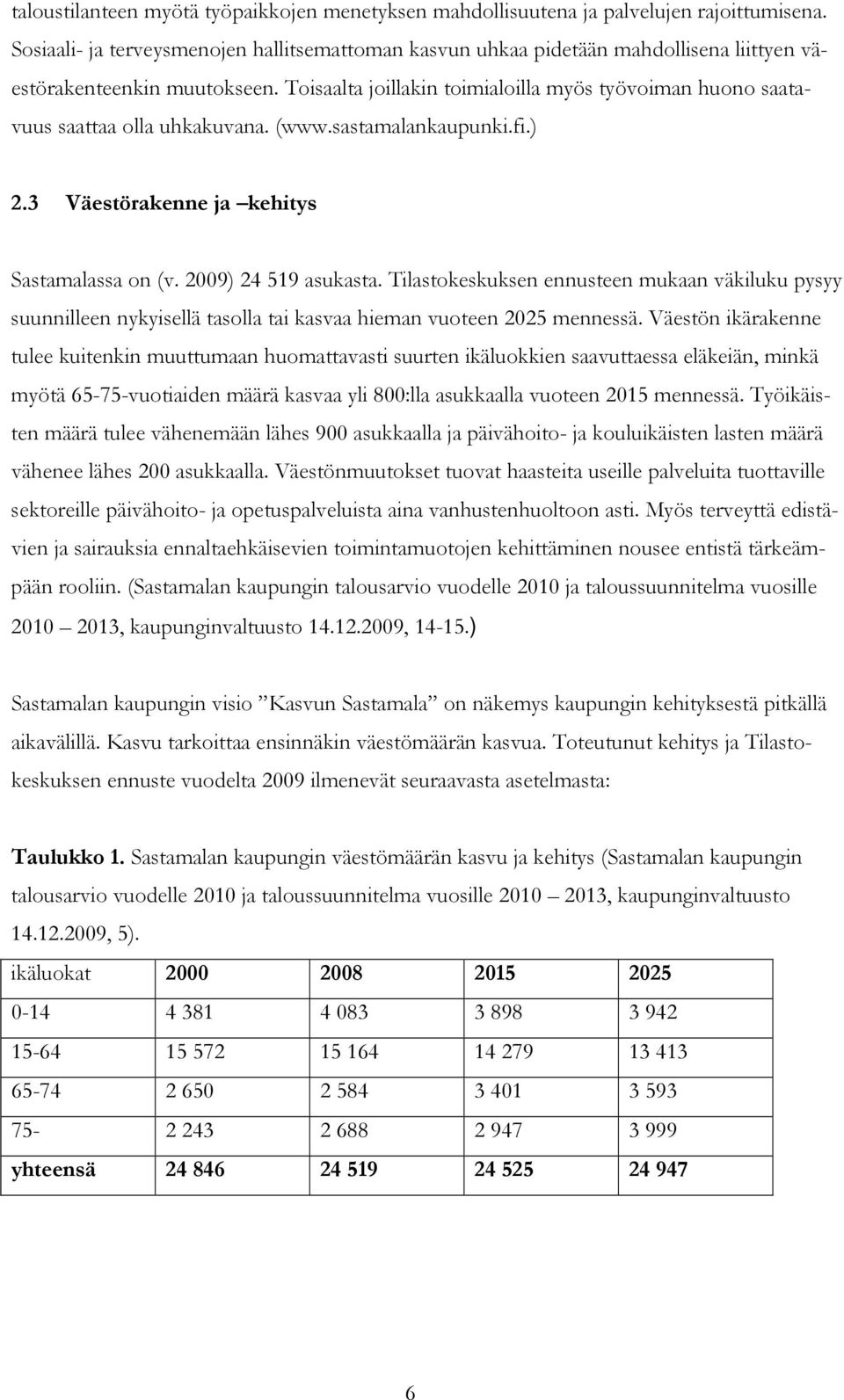 Toisaalta joillakin toimialoilla myös työvoiman huono saatavuus saattaa olla uhkakuvana. (www.sastamalankaupunki.fi.) 2.3 Väestörakenne ja kehitys Sastamalassa on (v. 2009) 24 519 asukasta.